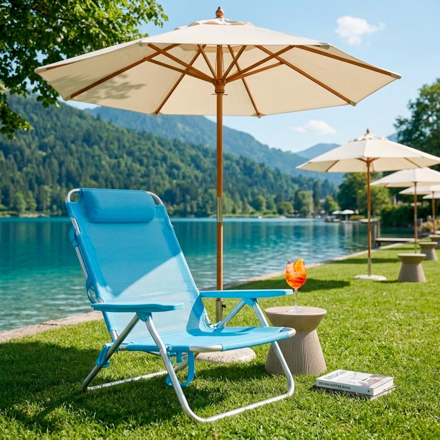 Arreditaly Spiaggina Relax Pieghevole Da Mare Con Telaio In Alluminio Seduta In Textilene Traspirante Poggiatesta Integrato E Braccioli Ergonomici Per Campeggio Outdoor 53 x 62 x 77 Cm Azzurro