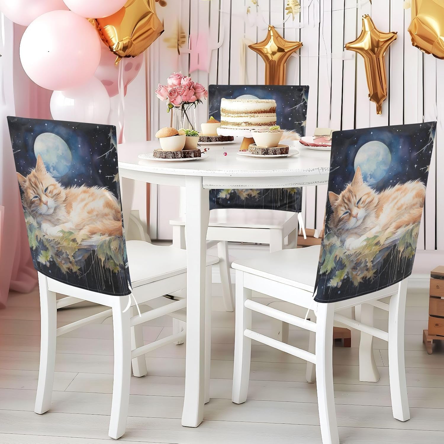 ALAZA Cat Sleepi in The Starry Night Chair Back Cover Set of 6, Washable Reusable Removable Chair Slipcovers Decorative Chair Cover for Home Kitchen Wedding Party