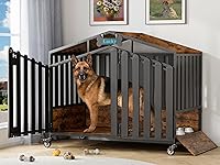 EasyCom 48" XXL Heavy Duty Dog Crate Furniture for Large Dogs Over 60lbs - Chew-Proof Steel, Wheels, Feeding Window, Rustic Brown
