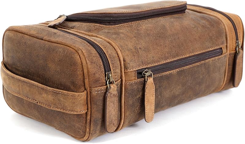 Necessaire masculina ELIZO de couro legítimo, extra grande, com gancho e três compartimentos, Grizzly