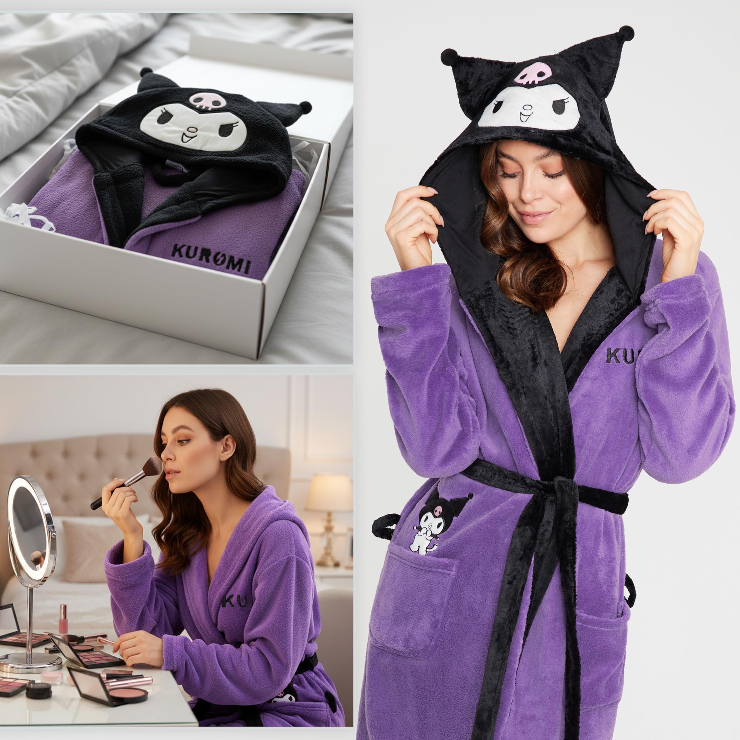 Hello Kitty Sanrio Bata de Casa Mujer Invierno, Kuromi Cinnamoroll Albornoz Capucha Bolsillos Cintura con Lazo, Regalos de Anime