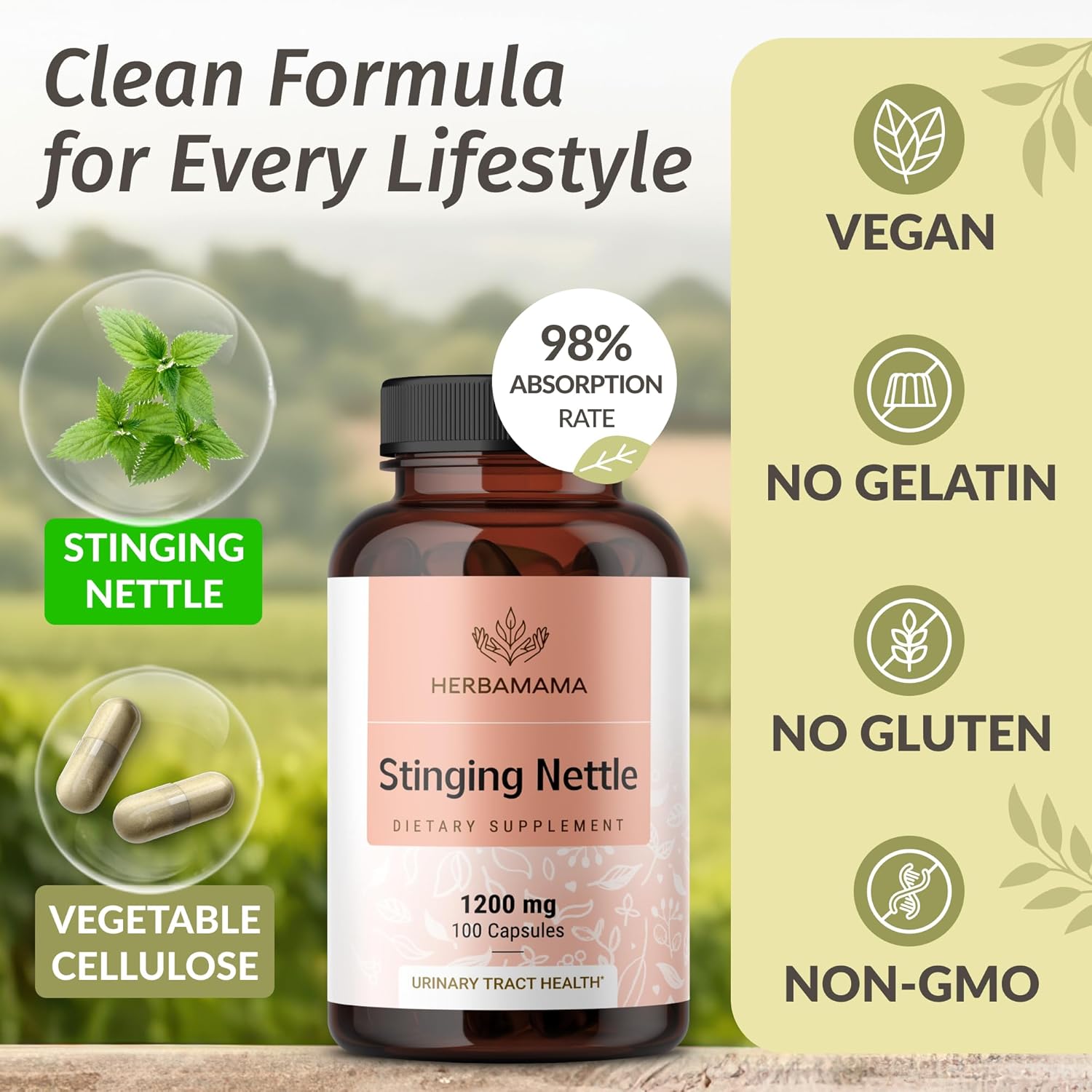 HERBAMAMA Stinging Nettle Capsules - 1200mg Stinging Nettle Root Extract for Urinary Tract Support - Vegan, Non-GMO Urtica Dioica Supplement