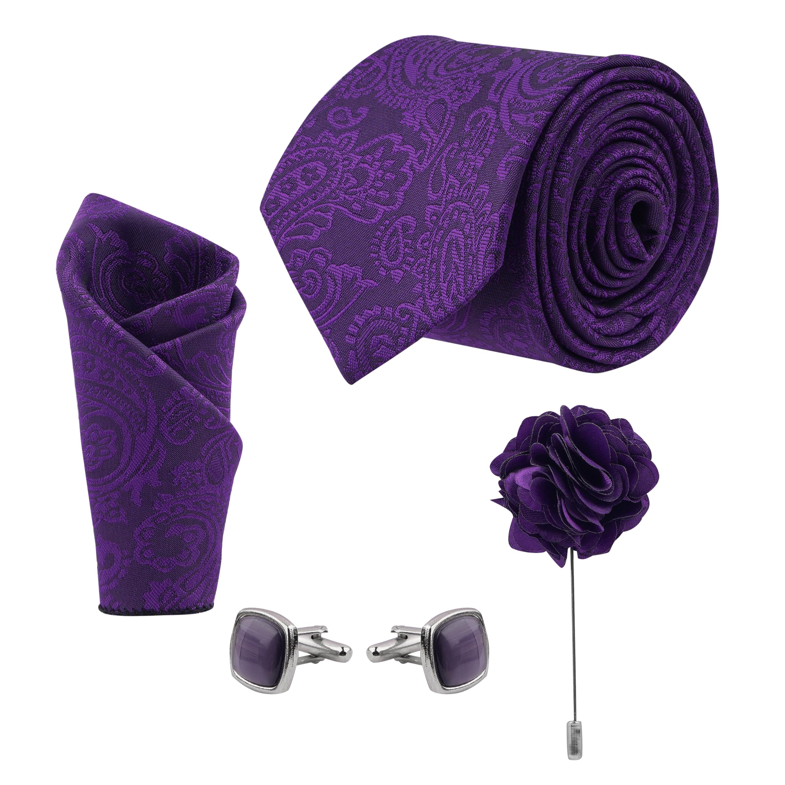 calixto Men'S Purple Color Floral Print Ties, Micropoly Formal Necktie With Pocket Square, Silky Feel (Pack Of 4).-picture-54