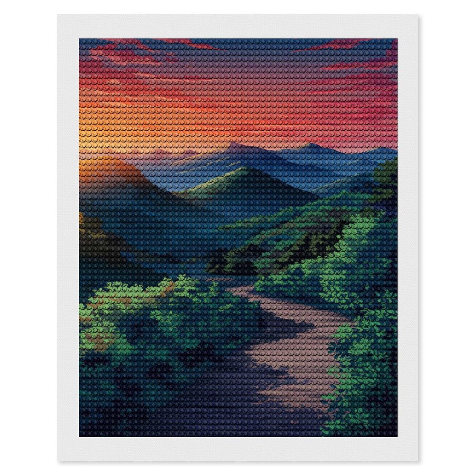 Junmoney Mountain Path at Sunset Full Drill Diamond Painting Kit 16"x20", Sparkling Round Gems, Decorate Your Room, Mindful Craft Activity