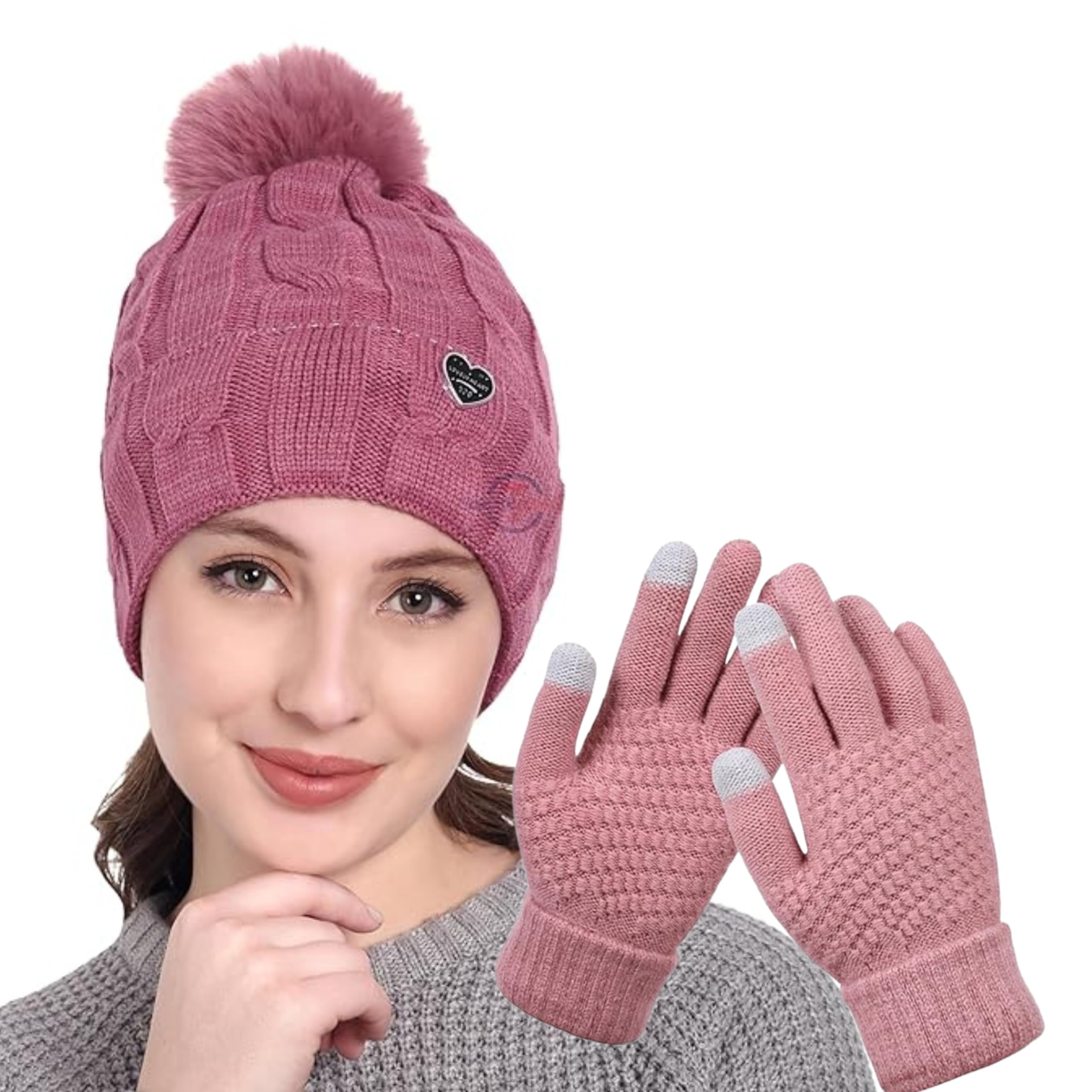 Tomorrow Women's Winter Knit Beanie Hat | Touchscreen Gloves Set | Warm Fleece-Lined Pom Pom Cap with Thermal Gloves for Outdoor Sports, Skiing, and Casual Wear-image-23
