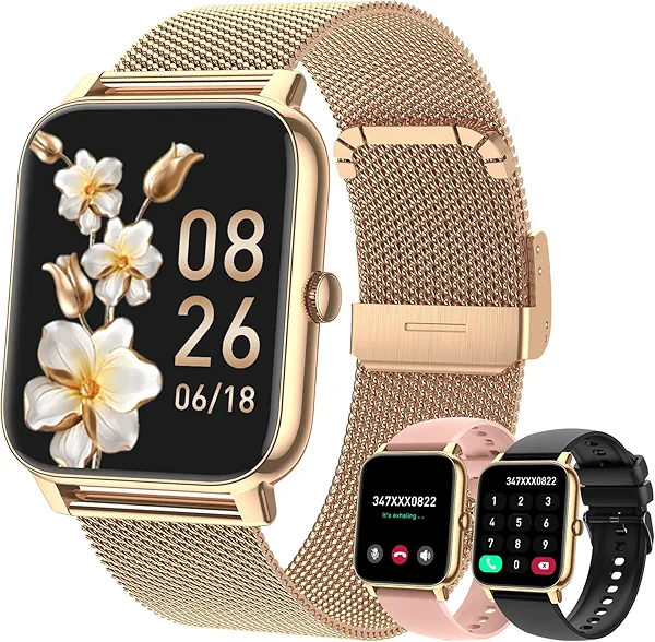 Smart Watch for Women Fitness Tracker: Gold Smart Watches for Women Digital Mens watches Make/Answer Call Waterproof Running Smartwatch Android Phone iPhone Samsung Compatible Heart Rate Monitor