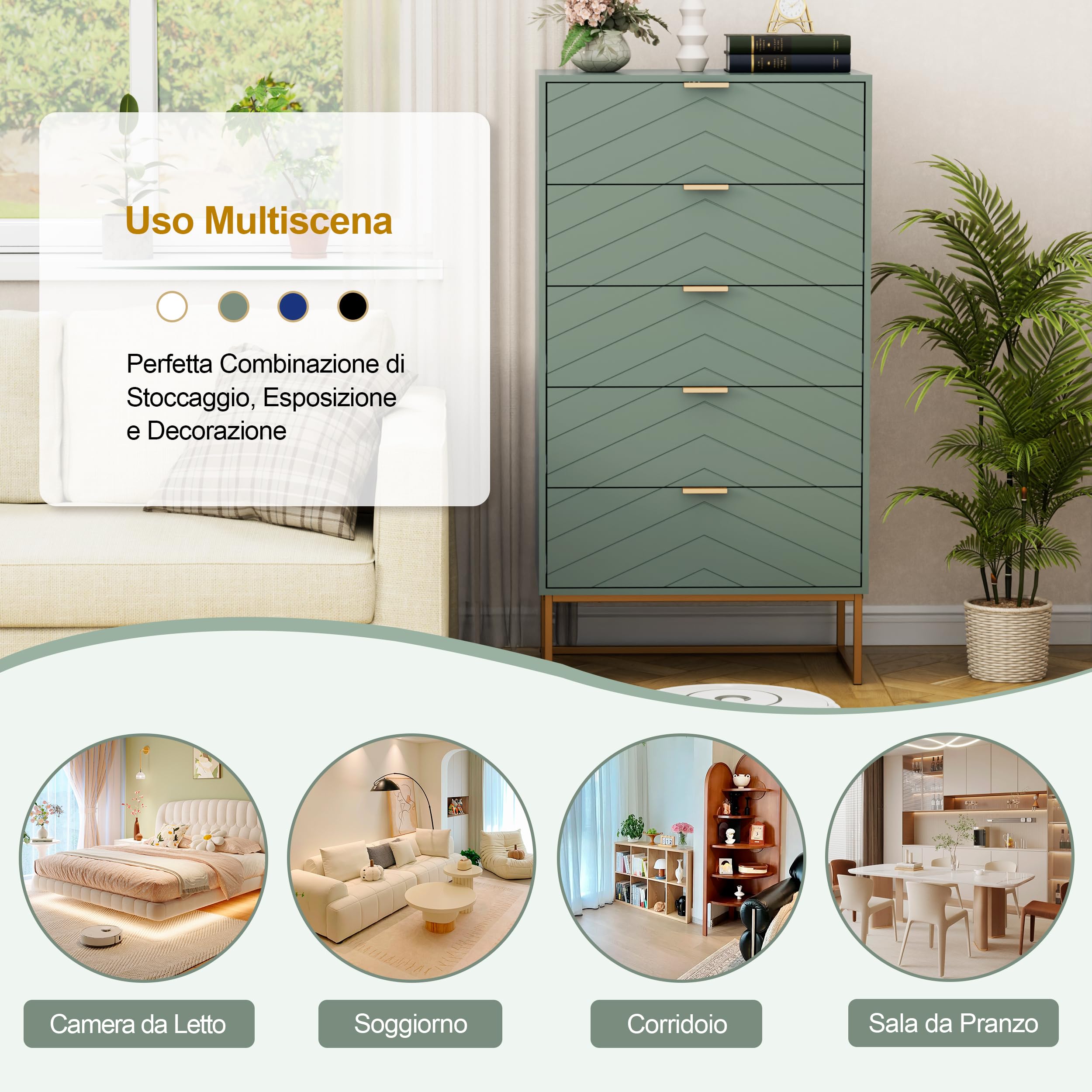 UEV Cassettiera Camera da Letto, Settimino con 5 Cassetti e Motivo di Linea, Mobiletto Moderno e Pratico, Sicuro Design Antiribaltamento, 60x34x110cm, Verde