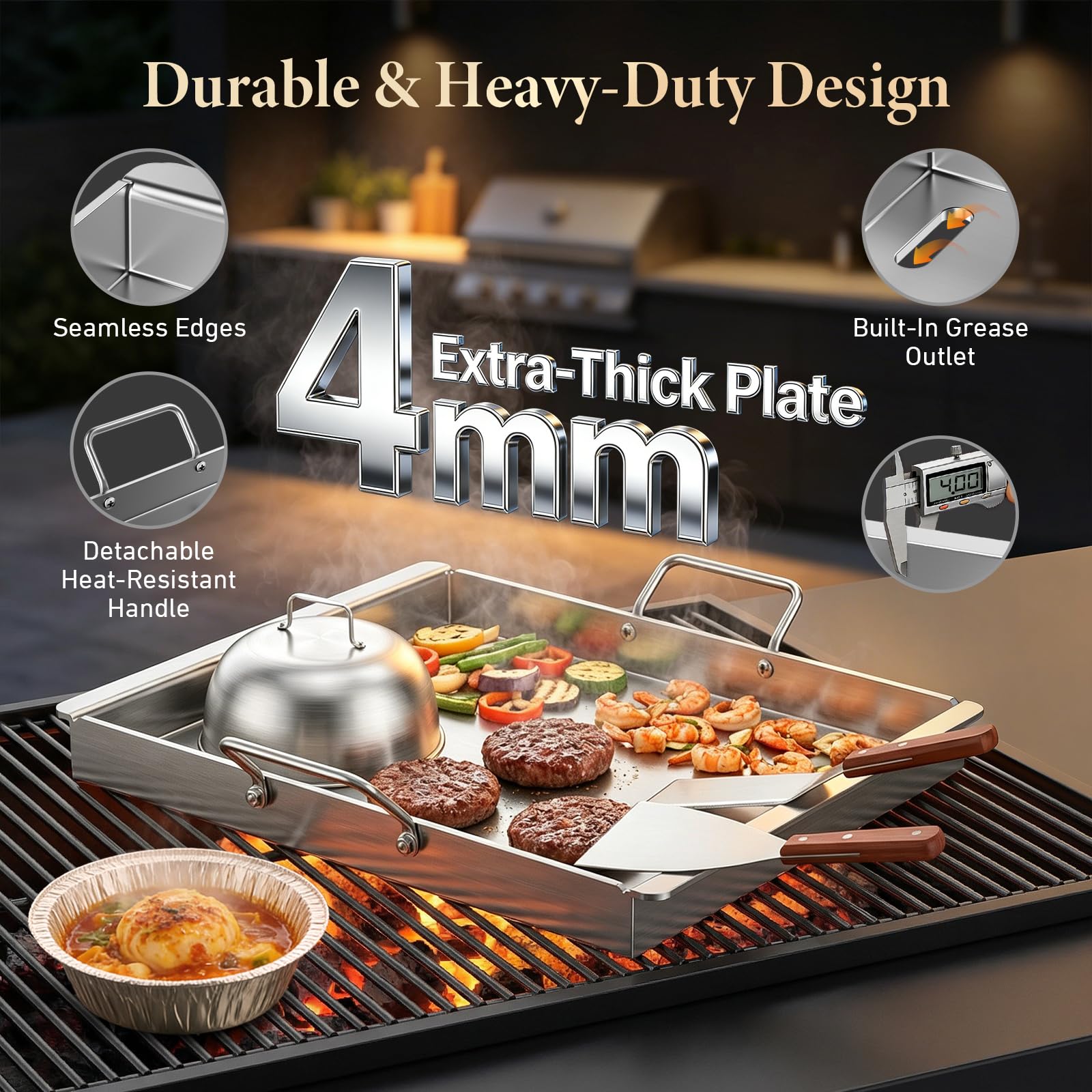 Plancha de acero inoxidable, 54 x 41 cm, placa gruesa de 2 mm, con juego de espátulas incluidas, plancha de gas para barbacoa de gas y barbacoa de carbón