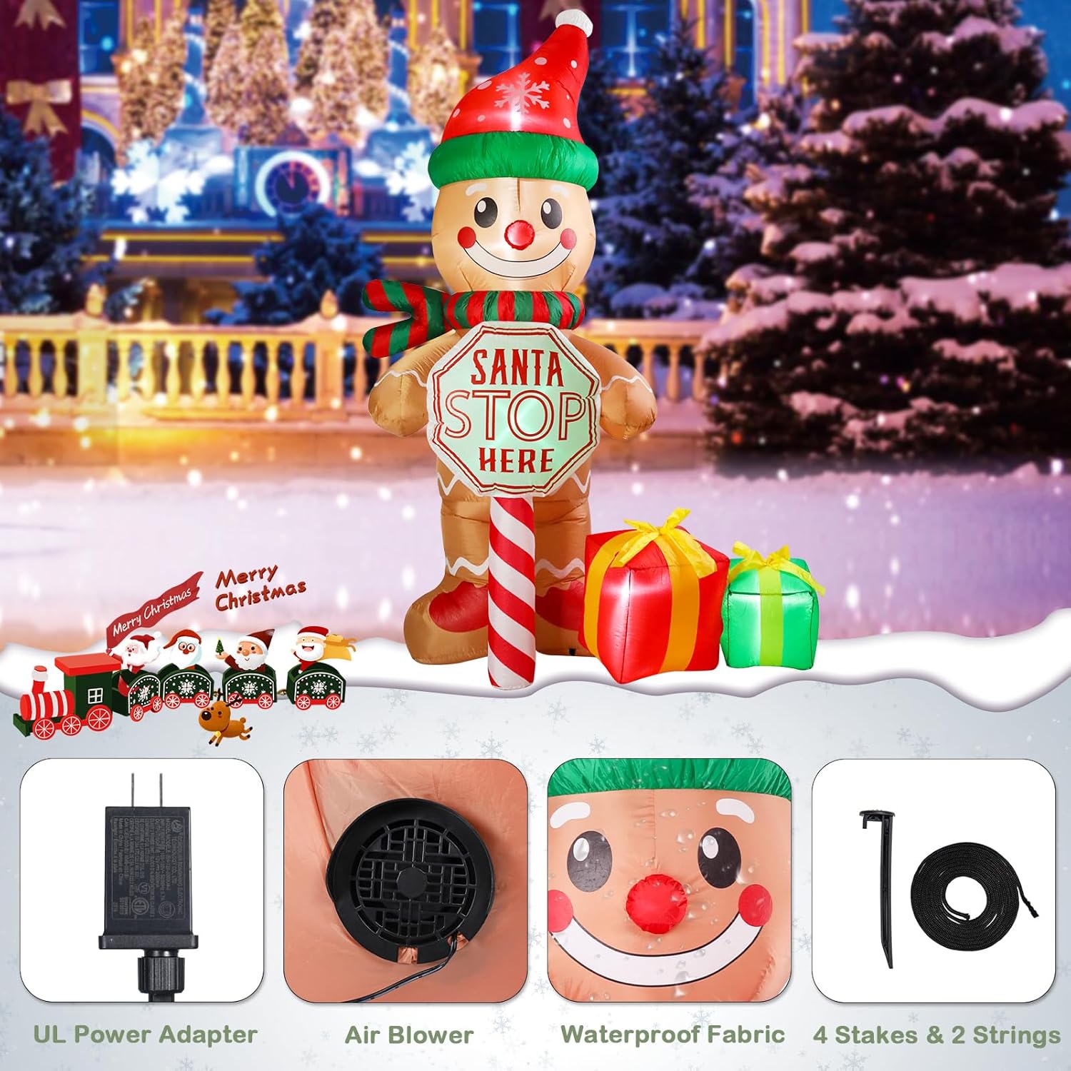 7.2 FT Height Christmas Inflatables Gingerbread Man with Santa Stop Sign and Gifts Outdoor Decorations, Blow up Gingerbread Man with Built-in LED Lights for Outdoor Holiday Christmas Decor