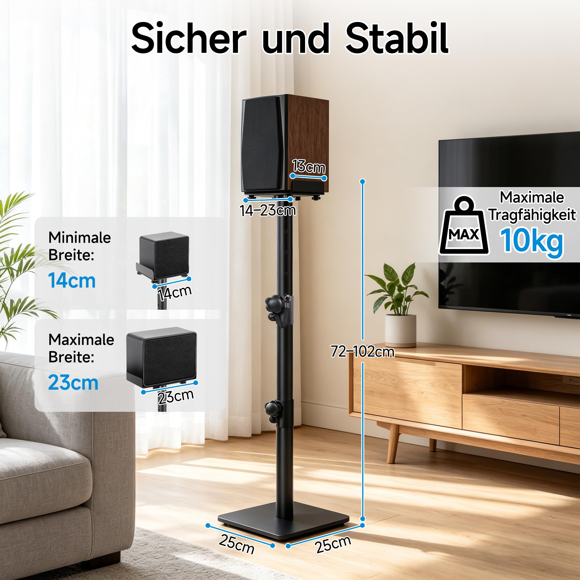 Lautsprecherständer 72-102CM Höhenverstellbarer, Universal, Schwarz | Boxenständer,mit Kabelmanagementsystem,Bodenlautsprecherständer,Kompatibel mit Einer Vielzahl von Lautsprechermodellen,Metall