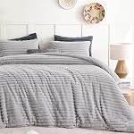 YIKUSH Fluffy Duvet Cover Set Ultra Soft Plush Shaggy Duvet Cover King Size, Warm Flannel Fleece Bed Sets for Winter, 3 Pieces, 1 Duvet Cover & 2 Pillowcases (Striped Pattern, Beige)