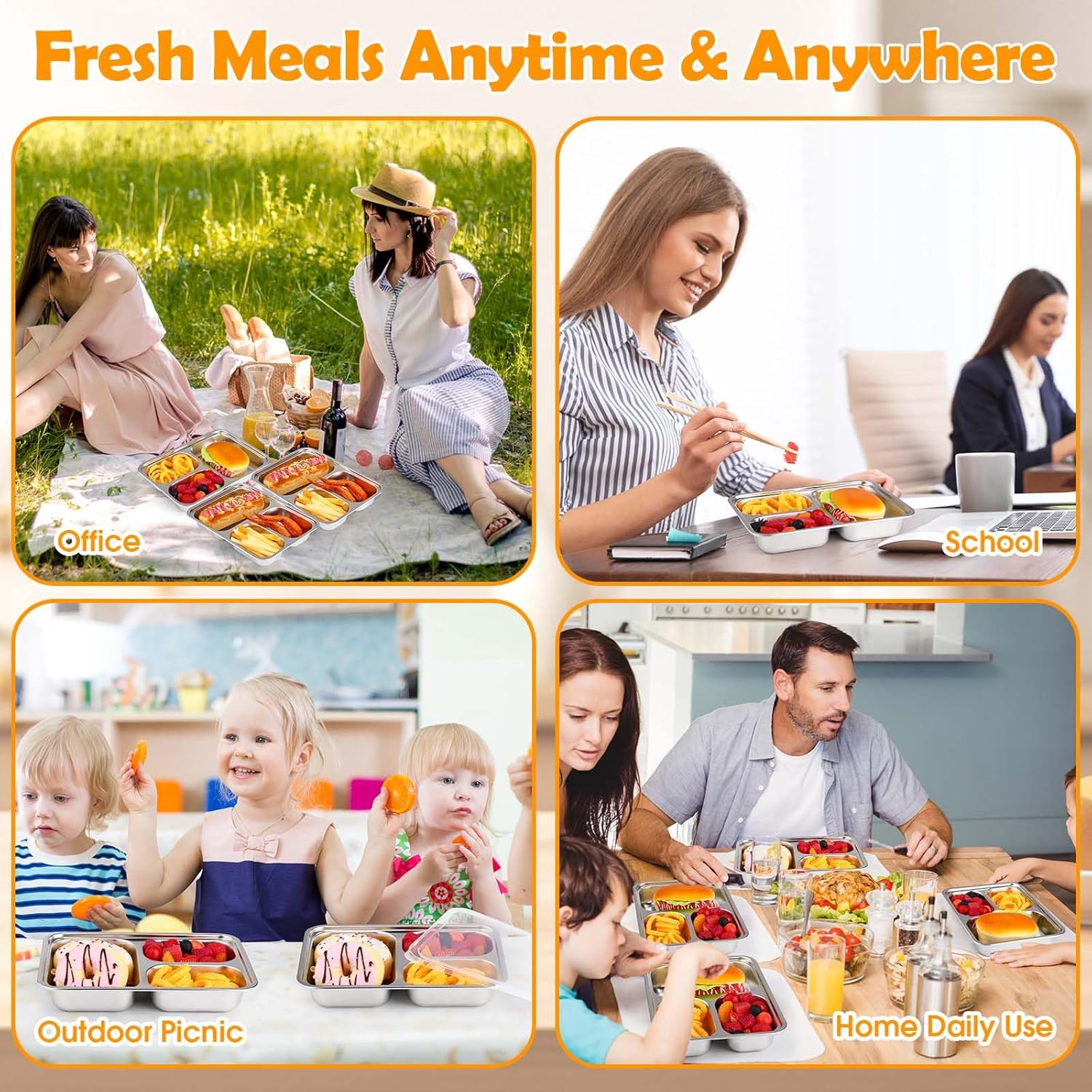 Patelai 4 Pcs Stainless Steel Snack Containers with Lids Bulk Back to School 3 Compartment Stainless Steel Bento Box Food Storage Containers Plates Reusable Metal Lunch Box for Office Home Travel - Image 7