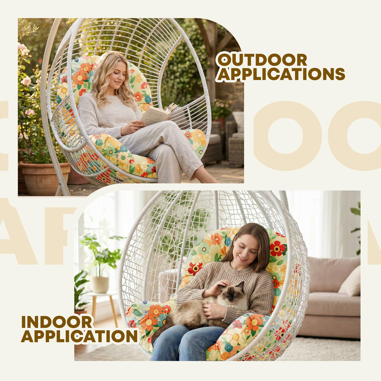joomie Cojín de repuesto impermeable para columpio de huevo, 120 x 84 x 18 cm de grosor, cojín extraíble con lazos para silla de jardín, hamaca de huevo, margarita 2#