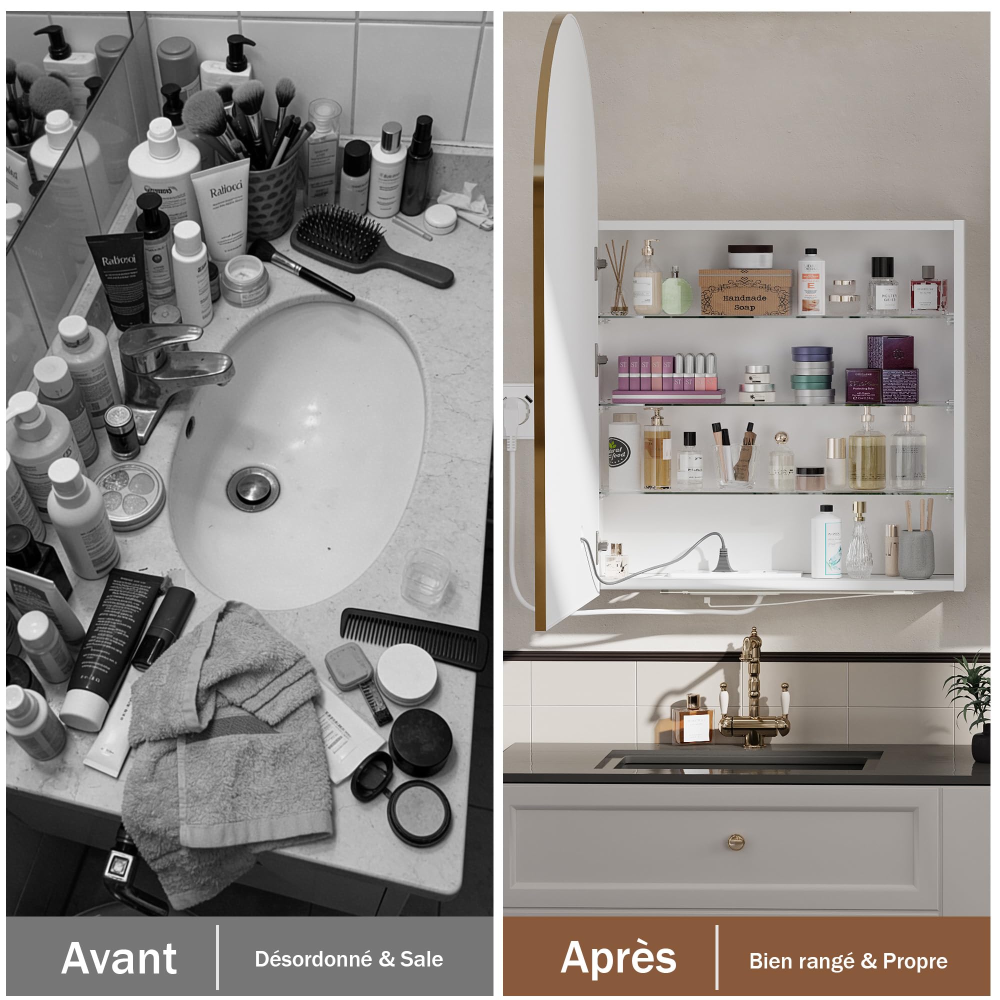 Armoire Salle de Bain avec Miroir Éclairage LED Murale Armoire Miroir avec Prise (2*AC+3*USB) et Fonction Antibuée Arqué Armoire de Toilette avec 3 Étagère 60x90x15 cm Doré et Beige