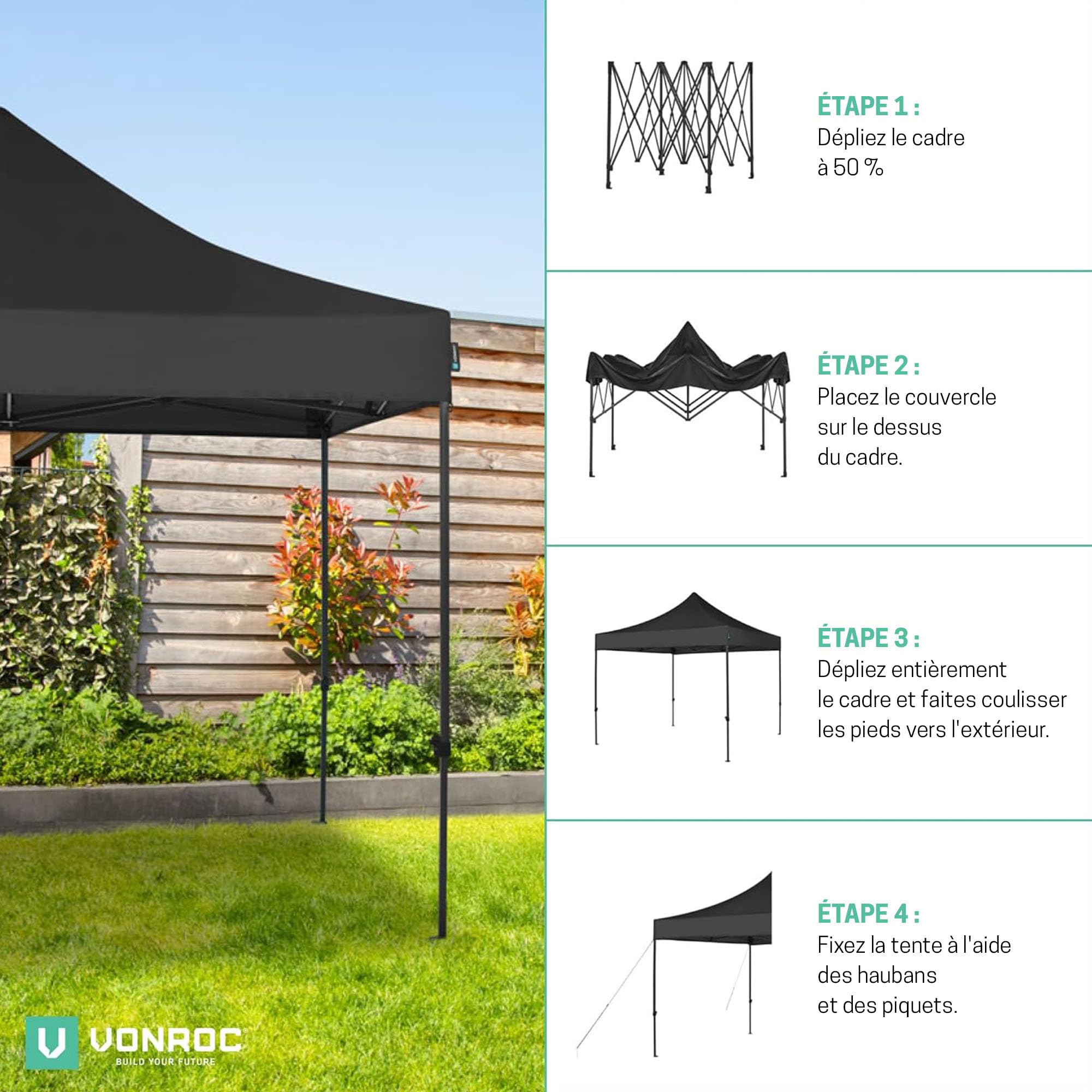 VONROC Tente Easy-Up - 3x3 m – Pliante - Design Modulaire : Auvent, Tonelle, Chapiteau, Marchés Saisons – Pliable – Imperméable – Cadre en Acier - Protection UV 50+ - Noir - Sac de Rangement Inclus