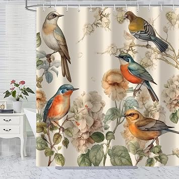 Rustic Beige Cute Birds Shower Curtain, Flower Leaves Watercolour Oil Painting Bathtub Curtains Decor for Bathroom Set, Washable Fabric Cloth Waterproof with 12 Hooks, 72x72 Inch