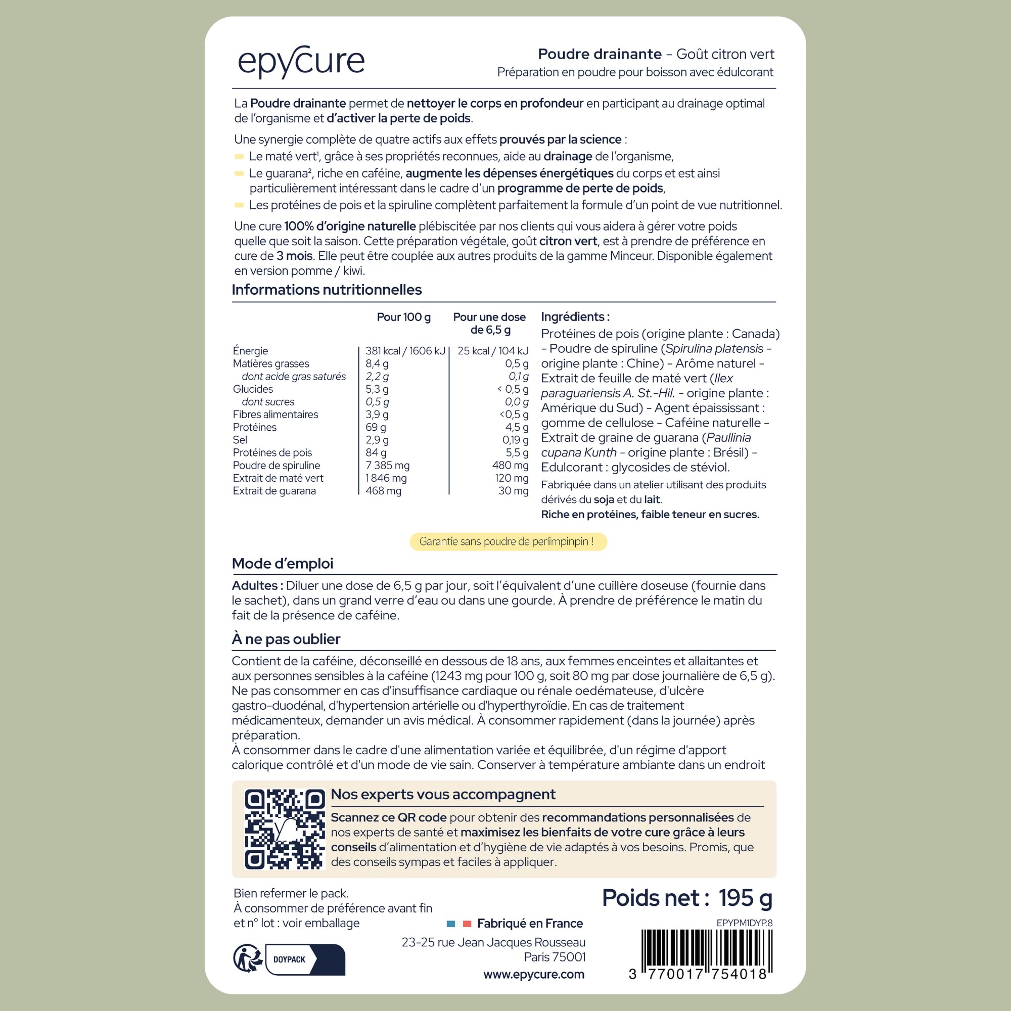 EPYCURE - Poudre Drainante - Détox, Contrôle du Poids, Coupe-Faim Naturel - 100% Naturel - Guarana, Maté Vert, Spiruline - 1 Mois - Sans Lactose, Sans Gluten - Fabriqué en France