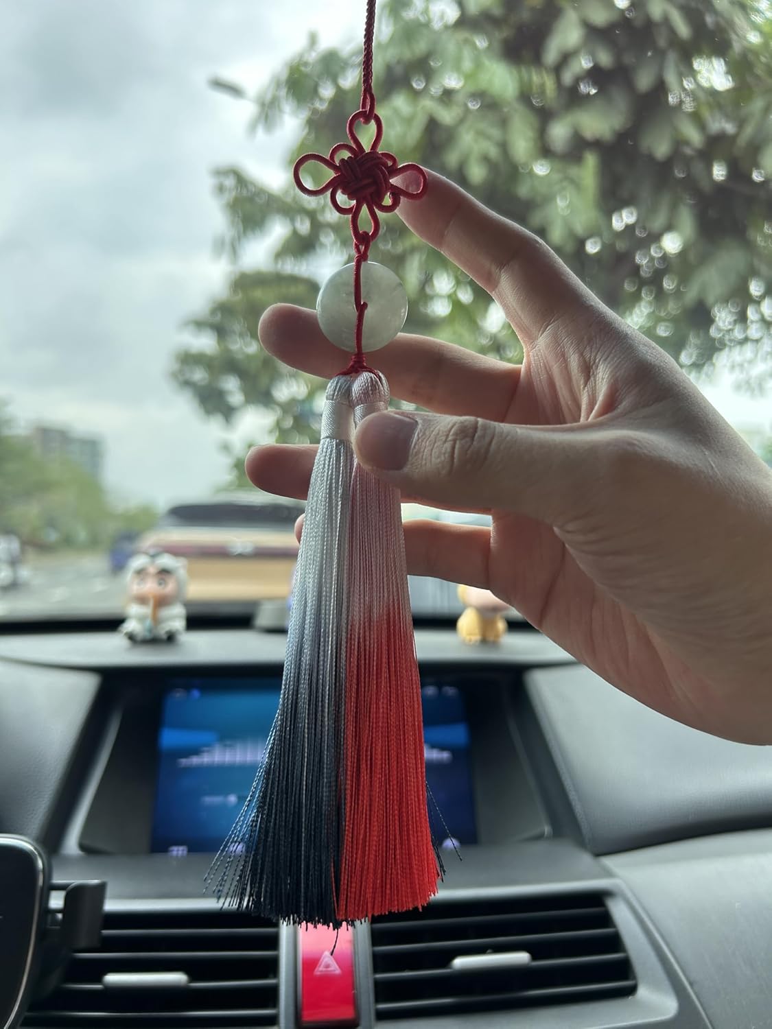 Decorative Dual Tassel Ornament with Chinese Knot, Ombre Red and Navy Blue, Hanging Home Decor