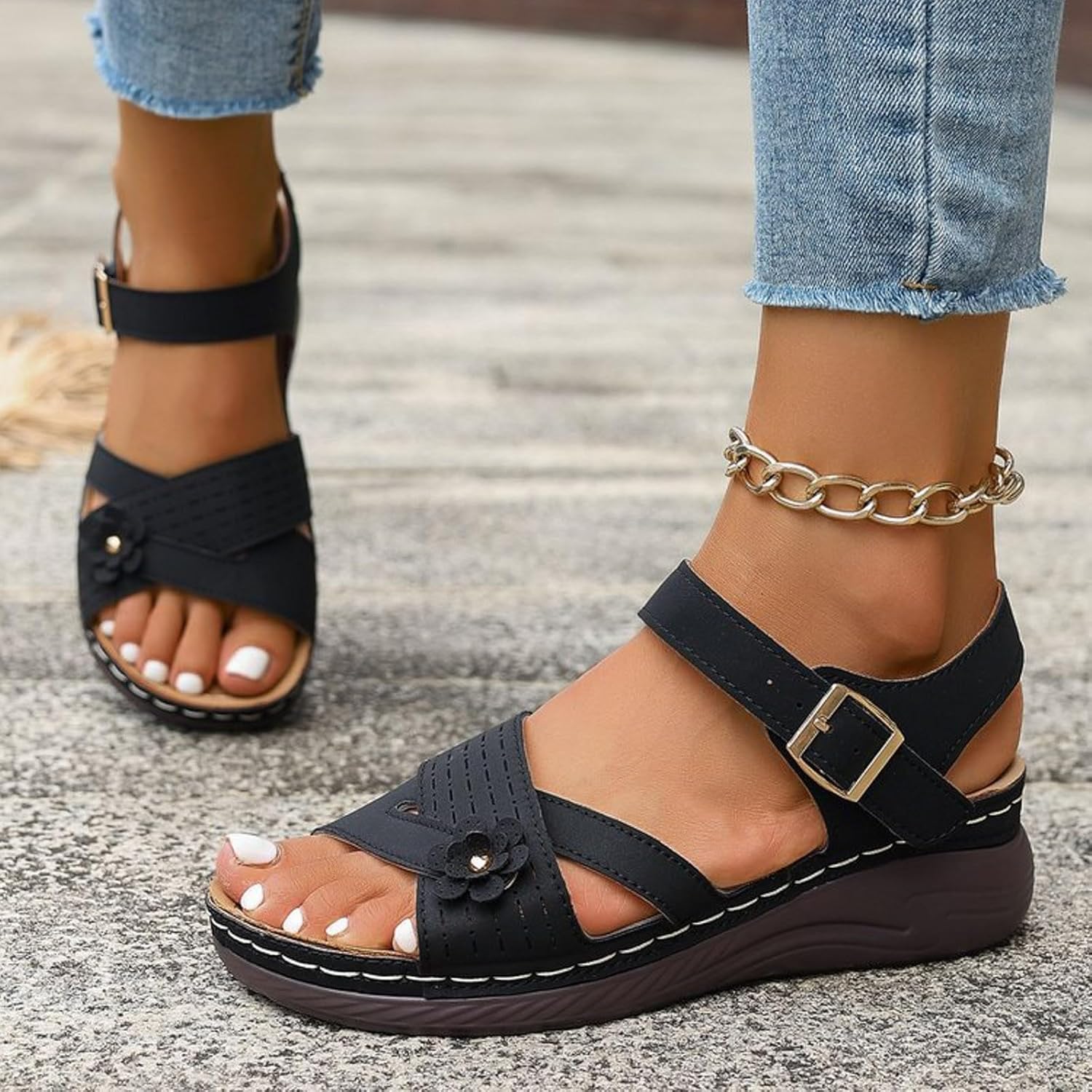 Orthopedic Wide Sandals for Women 2026 Dressy Strappy Arch Support Flat Wedge Sandals Women Open Toe Ankle Strap Comfortable Platform Slip-On Walking Shoes for Summer Beach Casual - Image 4