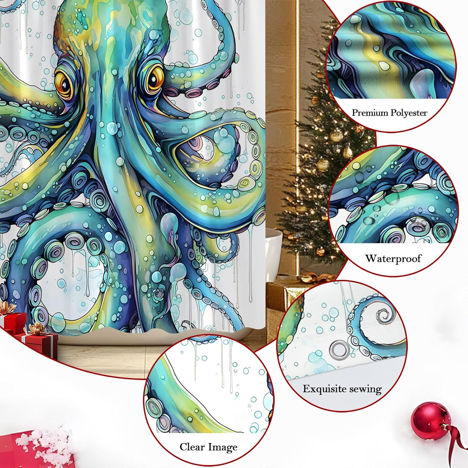 Octopus Shower Curtain Funny Blue Teal Sea Kraken Ocean Theme Nautical Marine Life Tentacle Animal Bathroom Polyester Curtains Set with Hooks 75x70 Inch