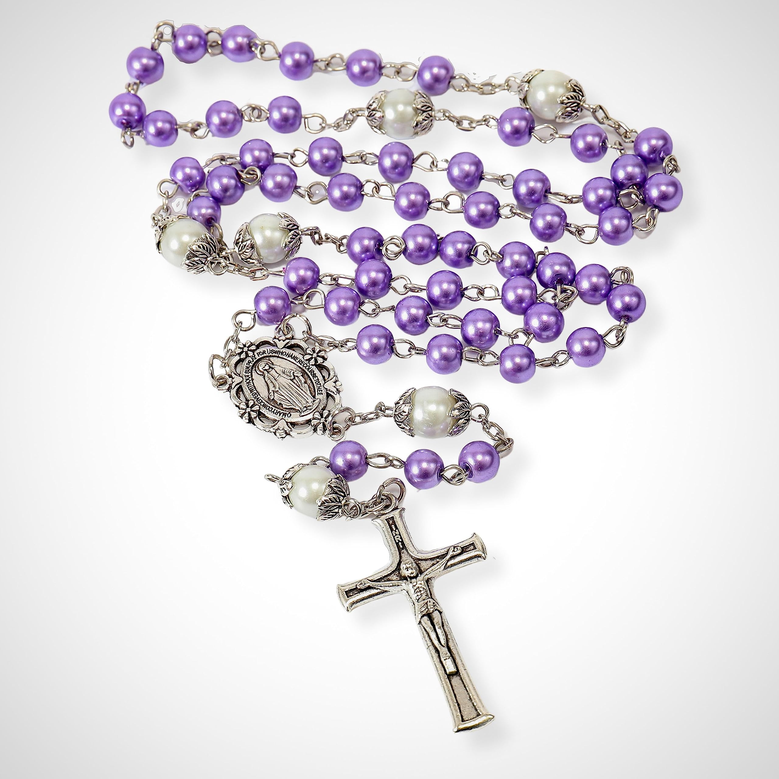 Nazareth Store 6mm Pearl-like Glass Rosaries with White Mystery Beads & Miraculous Medal, Purple, 21 pulgadas - Image 2