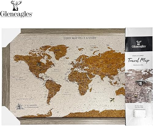 Miniatura 9 de Gleneagles World - Mapa de viaje mundial y tablero de chinchetas | Tablero enmarcado | Diseño de madera de corcho | 70 chinchetas incluidas | 14.2''