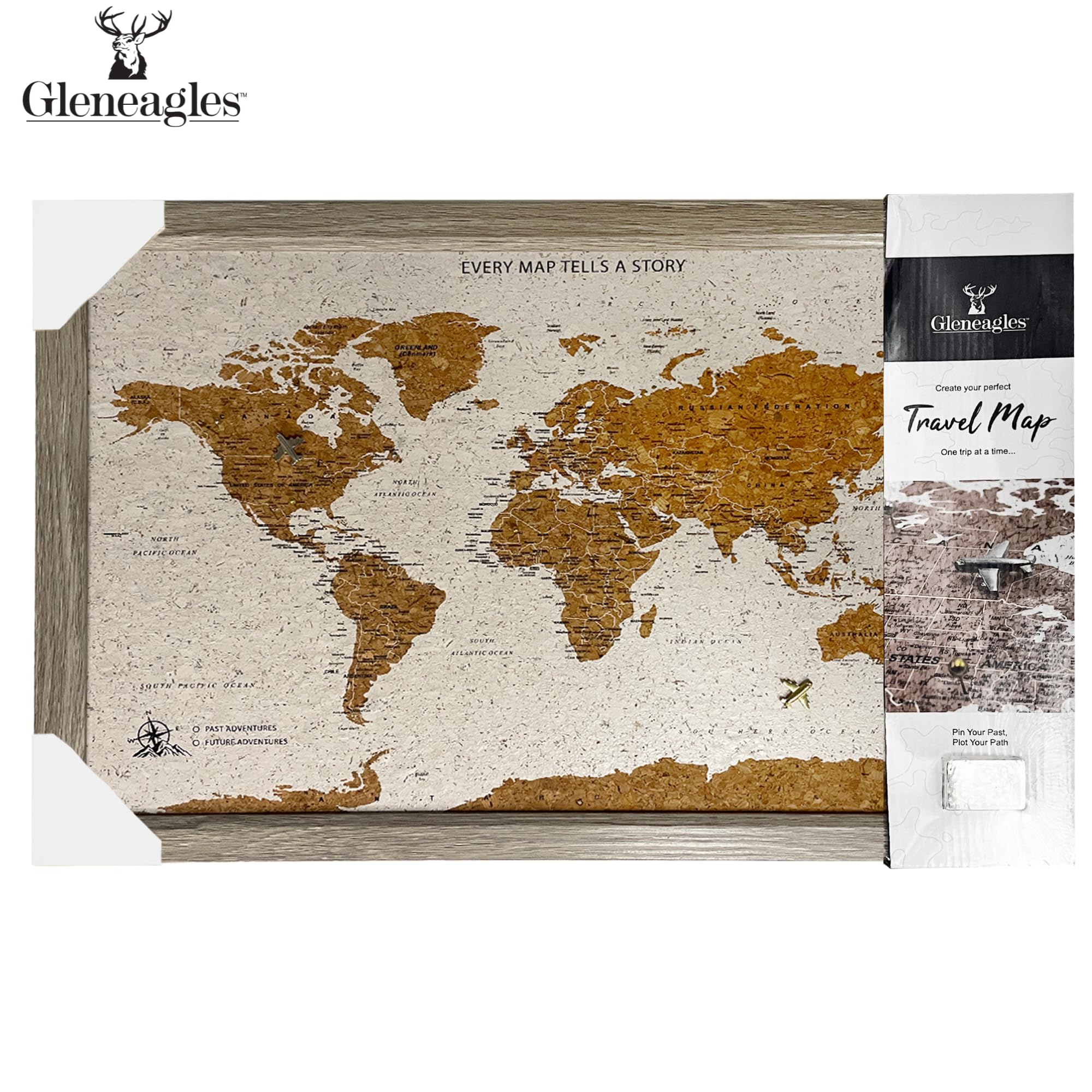 Gleneagles Weltreisekarte & Pinnwand, gerahmte Pinnwand, Kork-Holz-Design, 100 Pinnnadeln im Lieferumfang enthalten, personalisierbares Wanderlust-Dekor für Reisende (Beige)