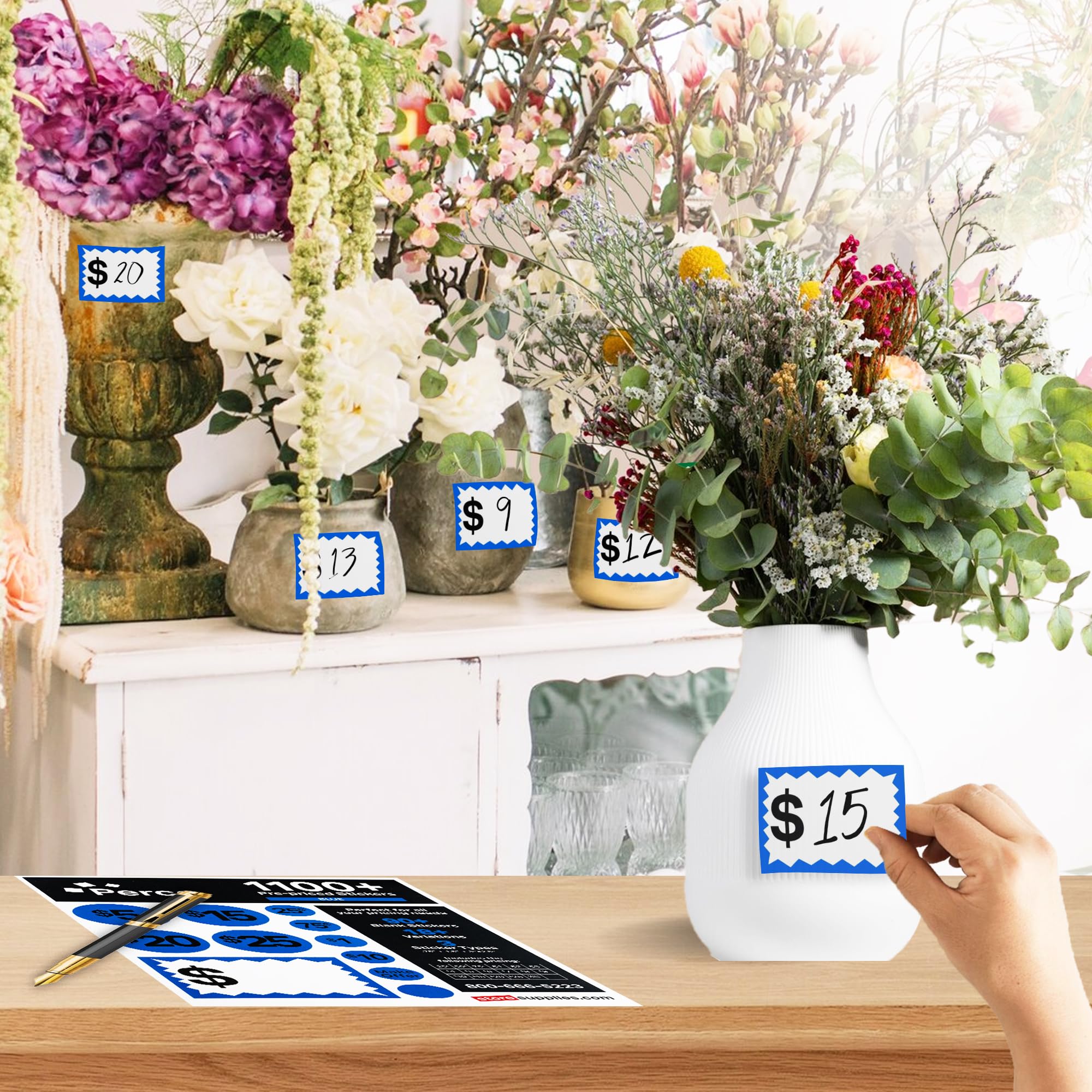 Calcomanías de precios de venta de garaje, 28 hojas, 1,100 calcomanías azules preprecio y en blanco, etiquetas de precio fáciles de leer para precios efectivos, ideal para ventas de patio, mercados de