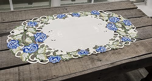 Miniatura 5 de Camino de mesa bordado con diseño de rosa azul victoriana con corte verde en marfil mantel individual 125 ancho x 26 largo