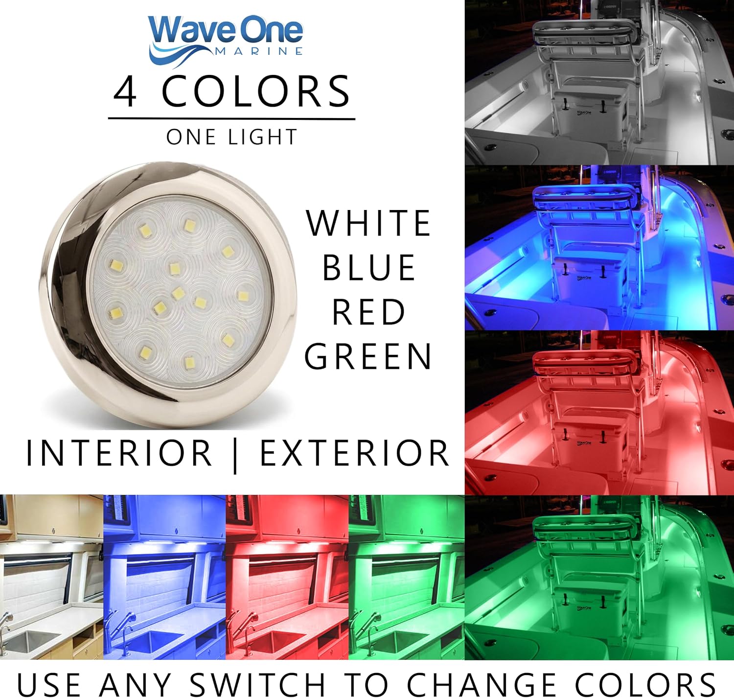 Wave One Marine SURFACE Mount 4" RGBW Internal Driver LED Courtesy Boat Light | RV Accent | Interior Exterior Deck Transom Cockpit T Top | Waterproof IP68 (Stainless Bezel) image 2