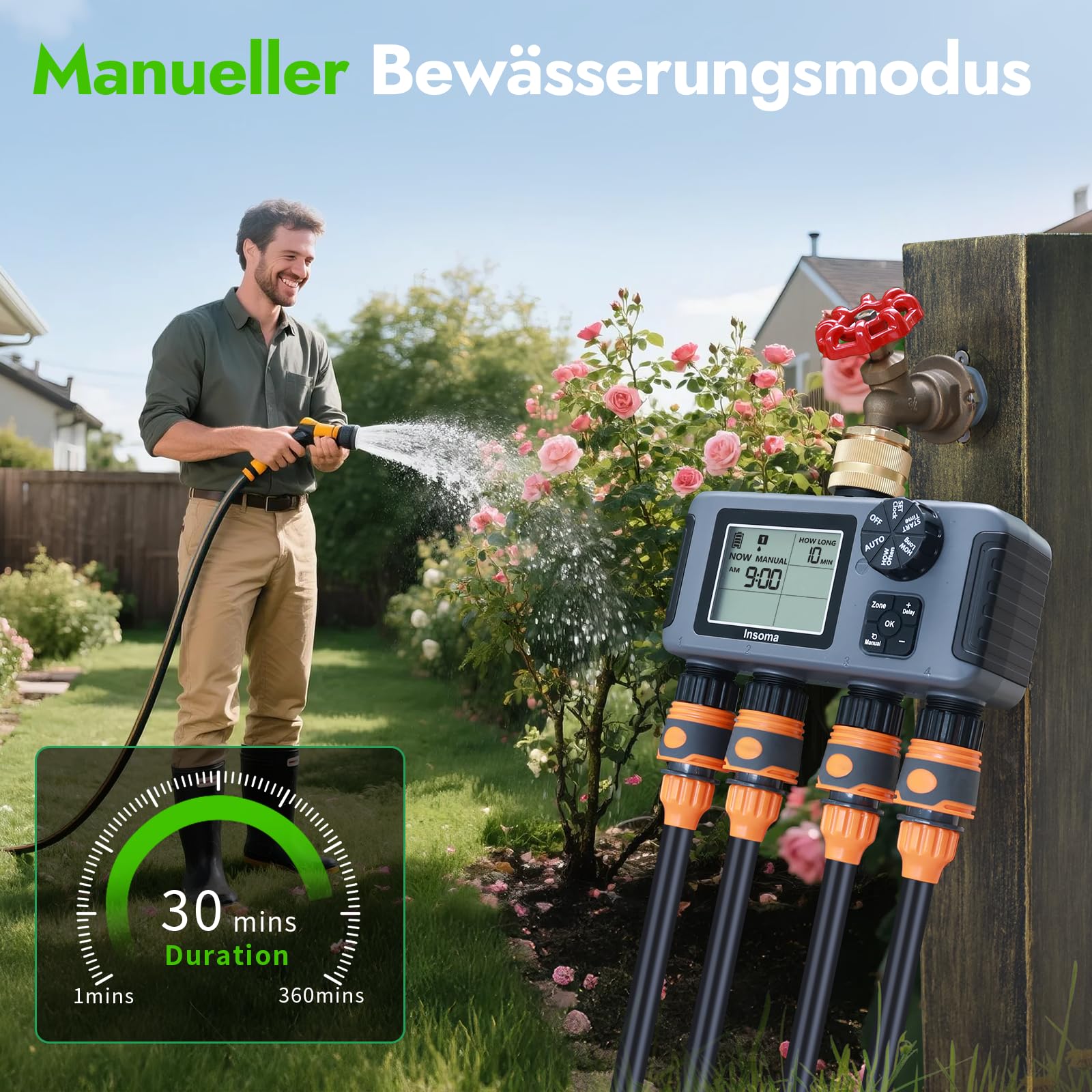 Insoma-Bewässerungssteuerung mit Messinganschluss, 4 unabhängige Zonen, Schlauchsteuerung mit Auto-/Manuell-/Regenverzögerungsmodus, Sprinkler-Bewässerungssteuerung für den Garten
