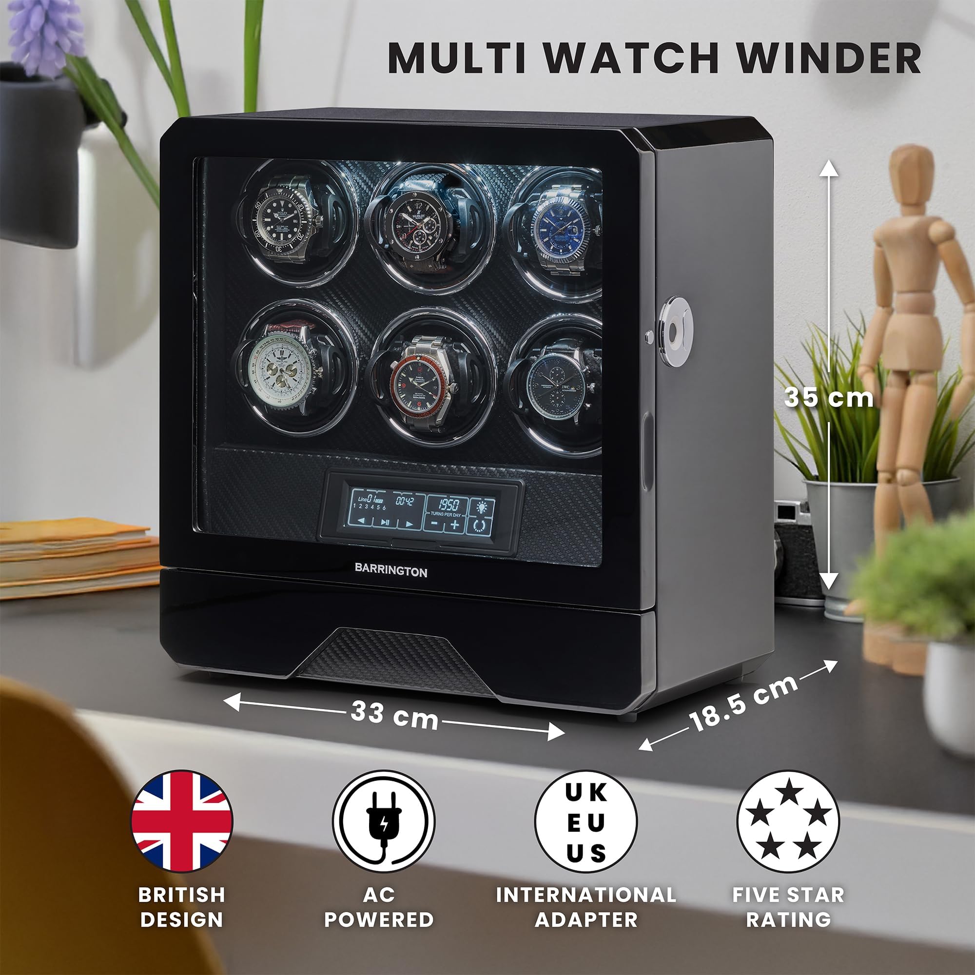 BARRINGTON Automatic Watch Winder for 6 Watches with Silent Japanese Motor | Multi Rotation & Turns Per Day Modes | LED Digital Display | Simple Touch Operation product thumbnail 5