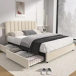 VECELO Queen Size Upholstered Bed Frame with 4 Drawers and Adjustable Headboard, Velvet Platform Storage Bedframe Mattress Foundation, Wooden Slats Support, No Box Spring Needed, Beige