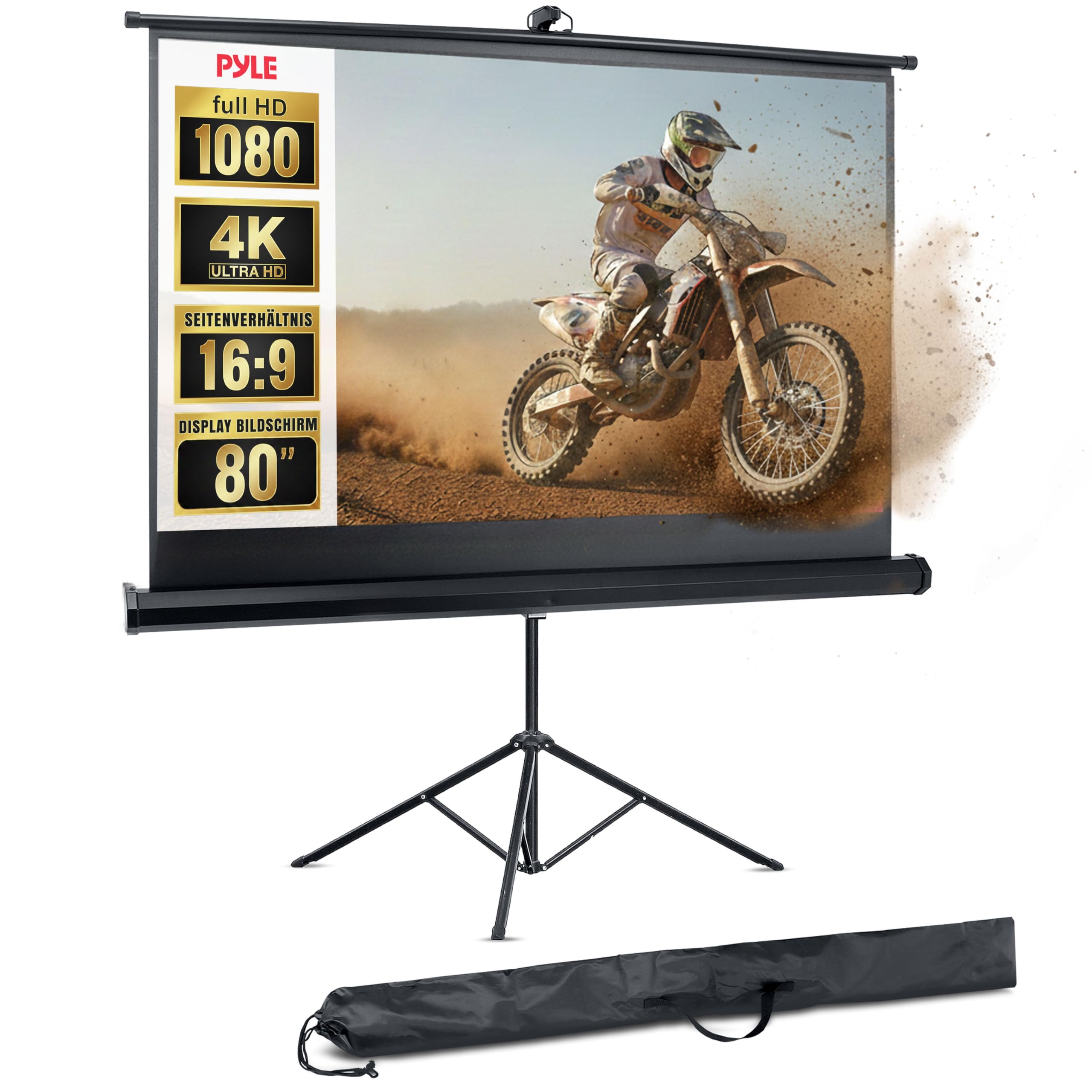Pyle Beamer Rollo Leinwand, 80 Zoll 16:9 HD 4K, Projektorleinwand mit Stativ & Schwarzem Rahmen, Höhenverstellbar, Leicht Tragbar mit Tasche, für Innen/Außen, Filme & Präsentationen