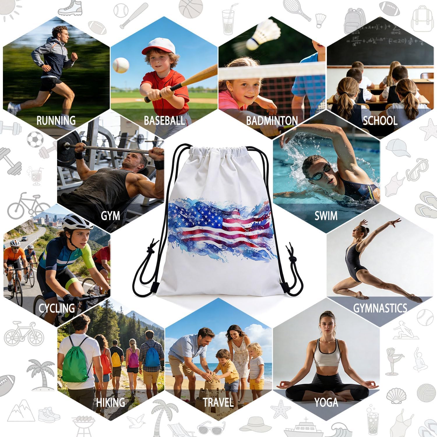 USA Flag Drawstring Backpack with Dual-Sided Print, Adjustable Cord & Inner Zipper Pocket - Reusable Gym Beach Drawstring Bag for Men Women