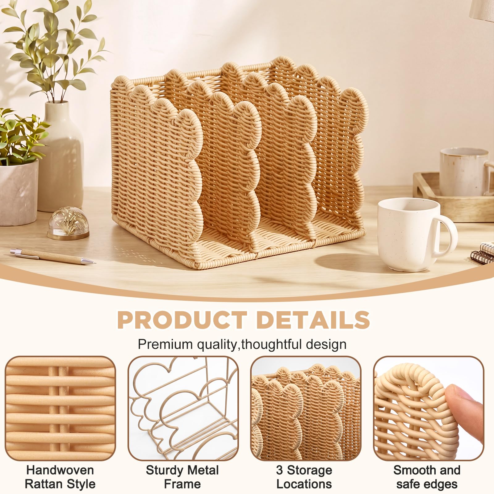 Suzile Zeitschriftensammler mit gewelltem Rattan-Imitat, 3 Fächer, Schreibtisch-Organizer, vertikale Buchstützen-Organisation für Büro, Ordner, Dokumente, Tablets, Zeitschriften, Bücher (21,6 x 18,3 x
