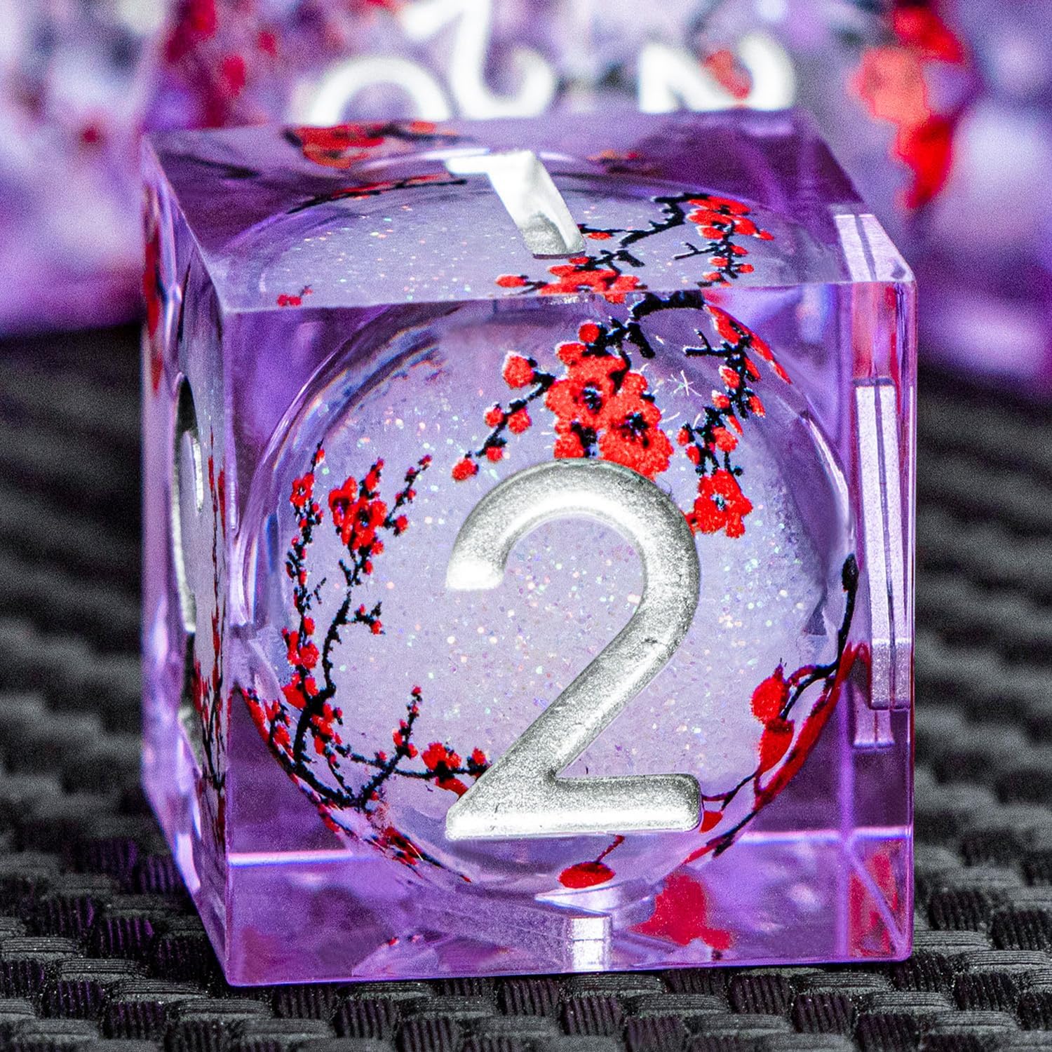 ARUOHHA DND Resin Dice Plum Blossom Liquid Core Silver Purple Sharp Edged Polyhedral Dragons Dice Set with Gift Box, Dungeons D and D Dice Compatible with D&D Role Playing Game D20 D12 D8 D6 D4 image 3