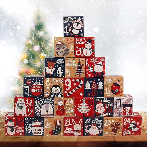 DIYASY Christmas Advent Gift Boxes, 24pcs Kraft Paper Xmas Advent Calendar Boxes to Fill Yourself, Christmas Countdown Boxes for Christmas Decoration