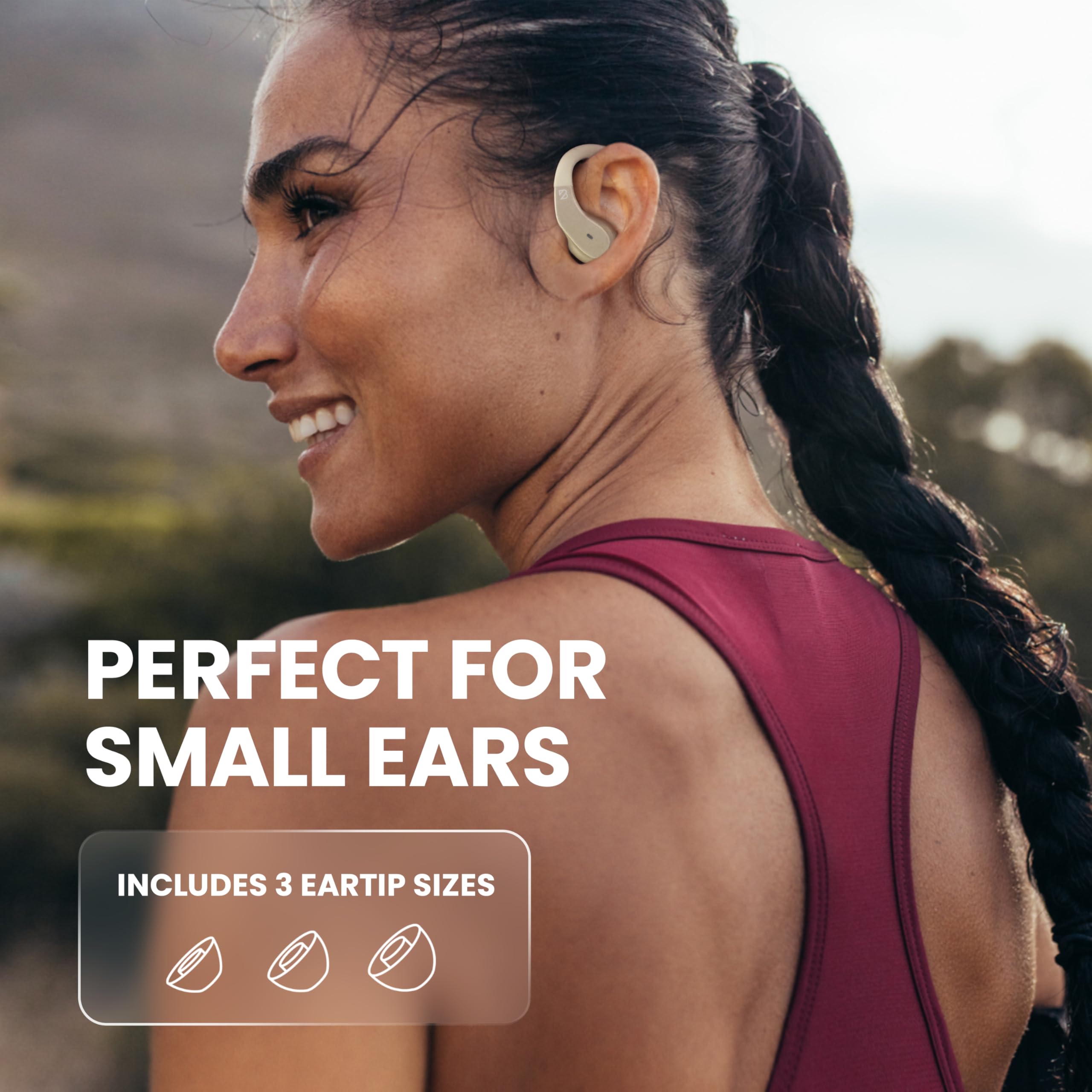 Runner 40 - Auricolari wireless per orecchie piccole, auricolari Bluetooth da corsa per donne e uomini, bassi profondi dorati, per piccoli canali uditivi con ganci, leggeri sopra gli auricolari