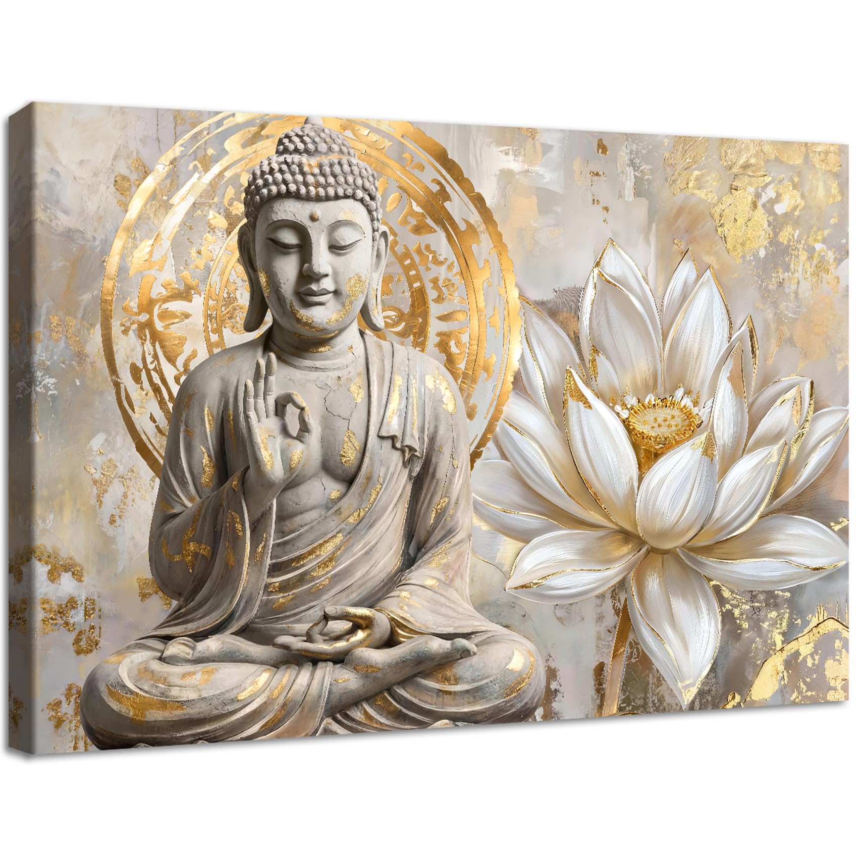Wooden Framed Large Canvas Wall Art Gray Gold Buddha Painting On Canvas Prints Beige Lotus Flowers Poster Buddhism Worship Pictures for Zen Spiritual Yoga Spa Meditation Room Wall Decor 120x80cm