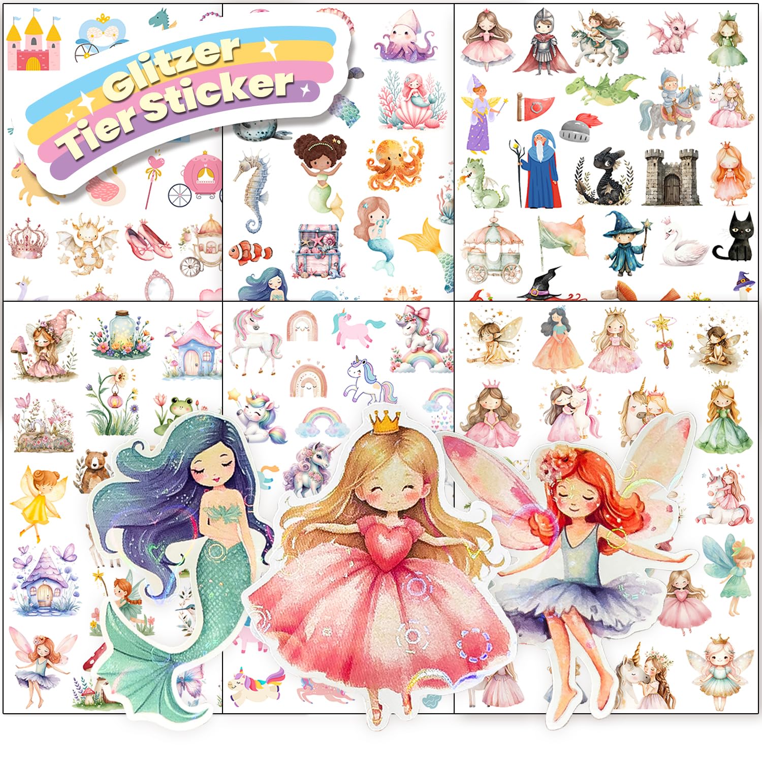 Hongma Märchen Glitzer Sticker mit Glitzereffekt 6pcs Über 150 Motiv Glitzersticker Feen Aufkleber Holografische für Kinder Mädchen Scrapbooking Fotoalbum Geschenke (Nicht Reflektierend)