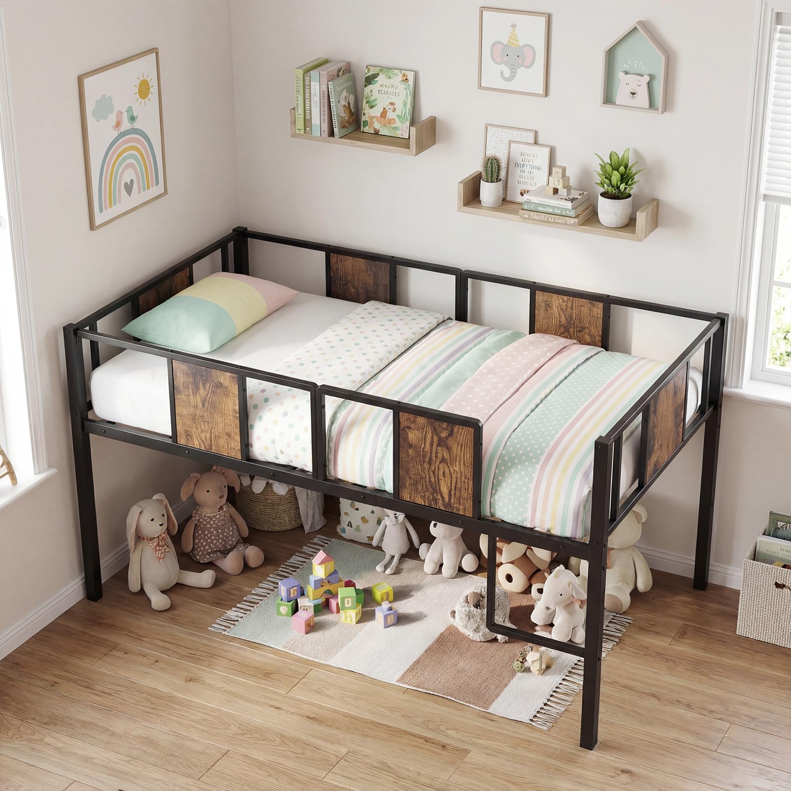 GYMAX Metal Kids Loft Bed (Rustic Brown, Without Shelves: 196x96x91cm)