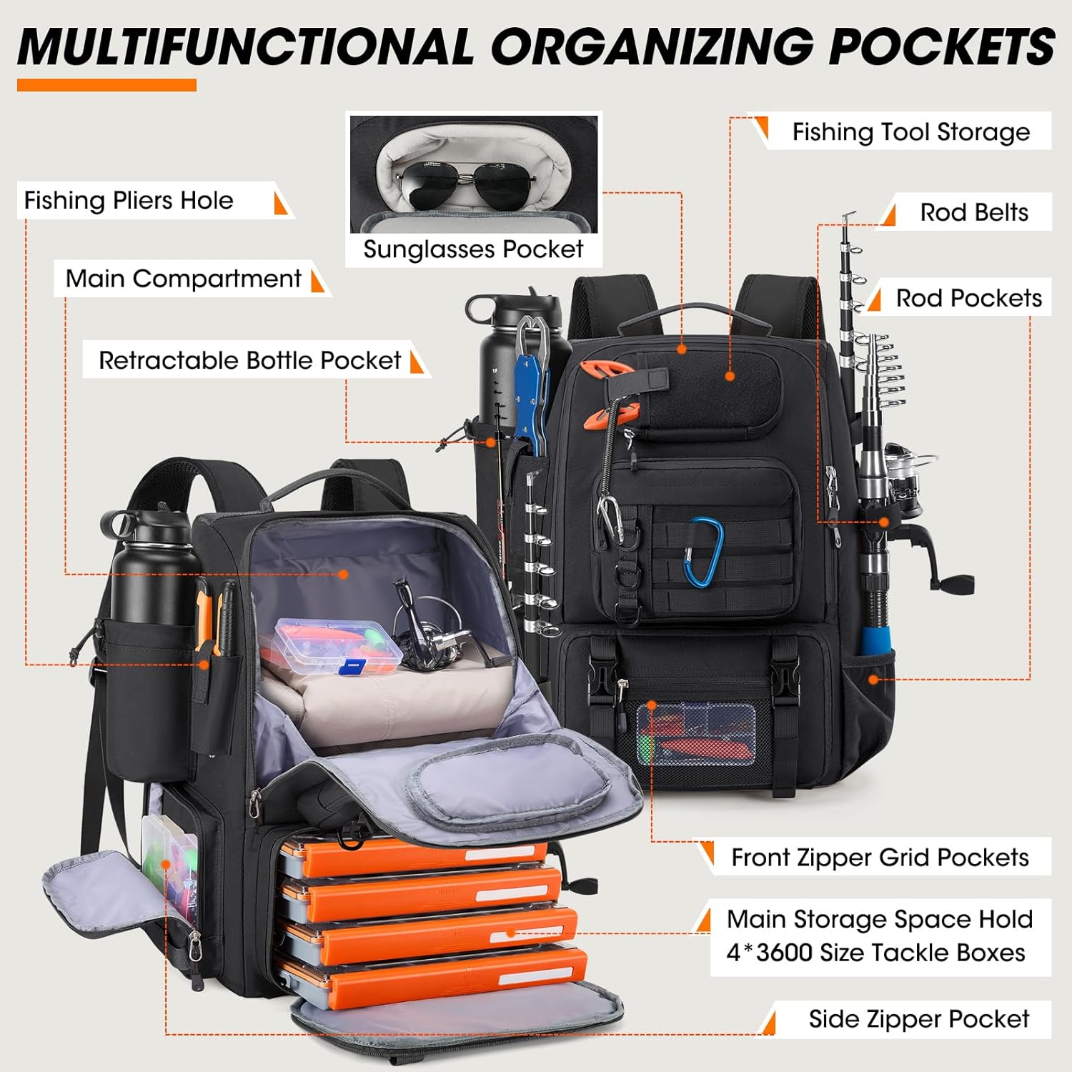 RAINSMORE Fishing Backpack with Rod Holders & Cooler 40L Water Resistant Tackle Backpack with Rain Cover Store Fishing Gear