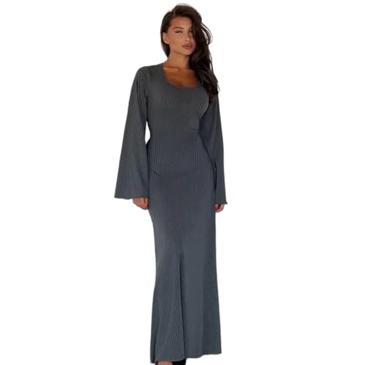 chinese dress ladies Double Lace Up Long Sleeve Ribbed Dress – GRAY FASHION