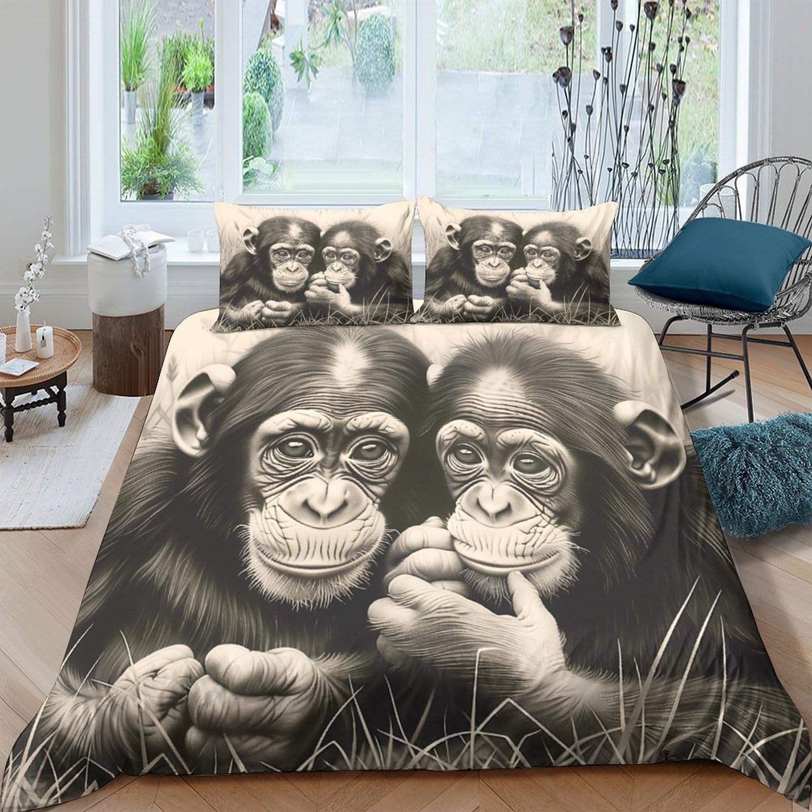 Ctjqhvkz Style-9 3D Printed Chimpanzee Friends Fitted Sheet Microfiber Soft Black White Monkey Mattress Cover For Bedroom Dorm Decor Single（135X200cm）