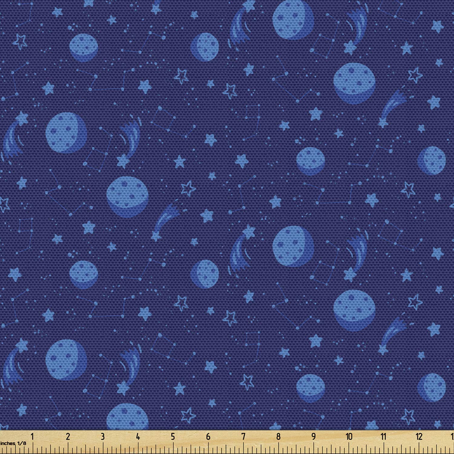 Lunarable Constellation Fabric by The Yard, Monochrome Moons Stars and Constellations Cosmic Elements Planetary Systems, Decorative Fabric for Upholstery and Home Accents, 3 Yards, Blue