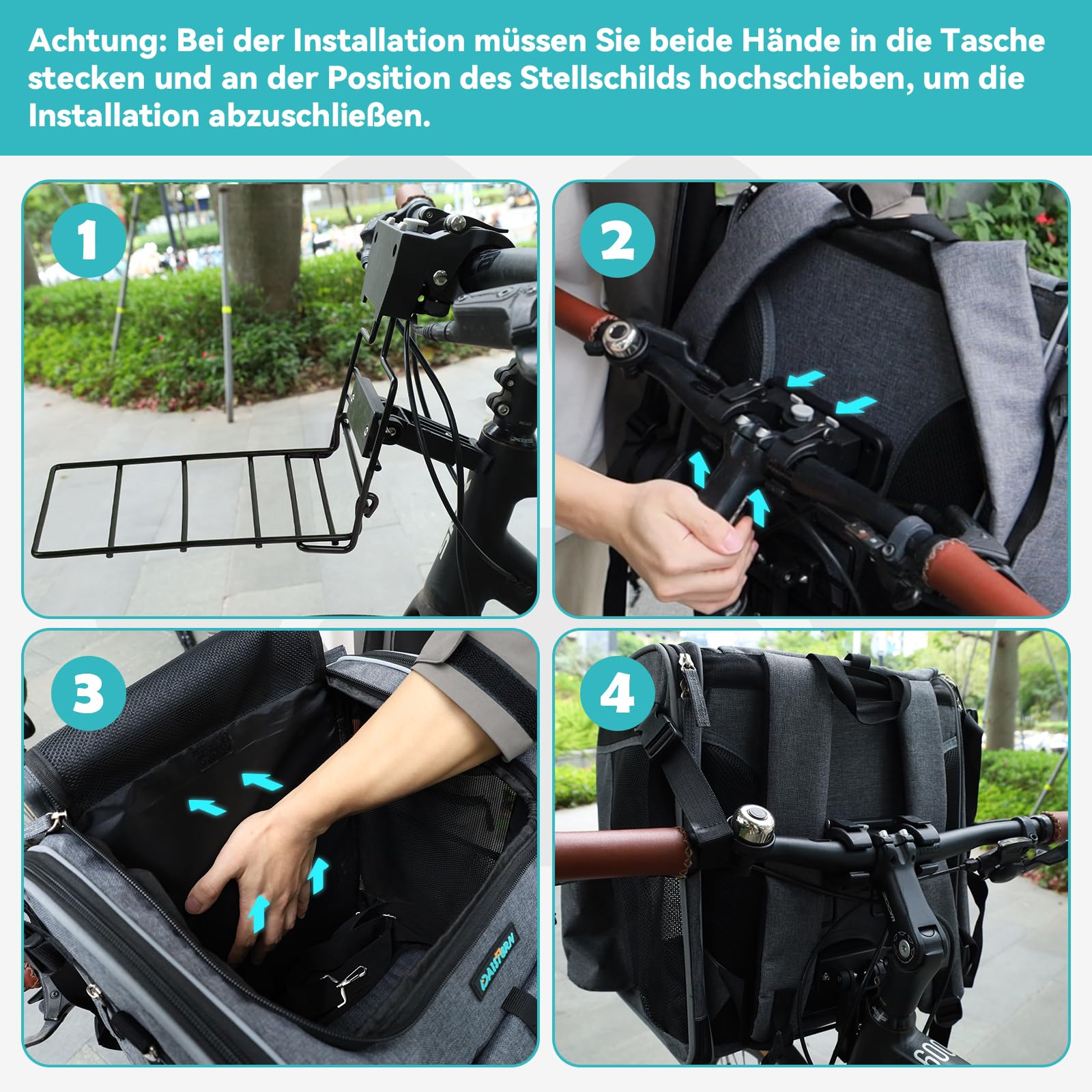 Hundekorb Fahrrad Vorne bis 10KG, Faltbarer Atmungsaktiver Hundefahrradkorb 4 in 1 Rucksack Schultertasche Autositz mit Robuste L-förmige Halterung Φ55mm, Bequemes Kissen, Reflektorstreifen