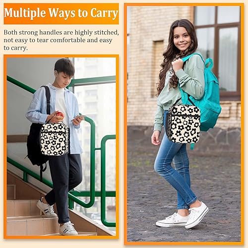 Miniatura 7 de Fiambrera con estampado de flores negras y beige para niños, con aislamiento térmico para niñas, niños, mujeres, hombres, reutilizable, con bolsillo