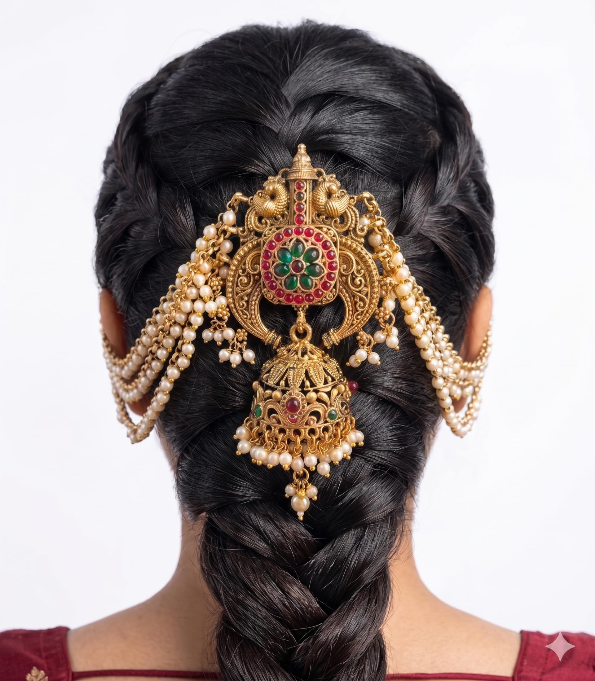 Jada Billai With Maatil For Hair Temple Peacock Crest Arch Matte Gold Plated Jadai Billai Hair Brooch-image-10