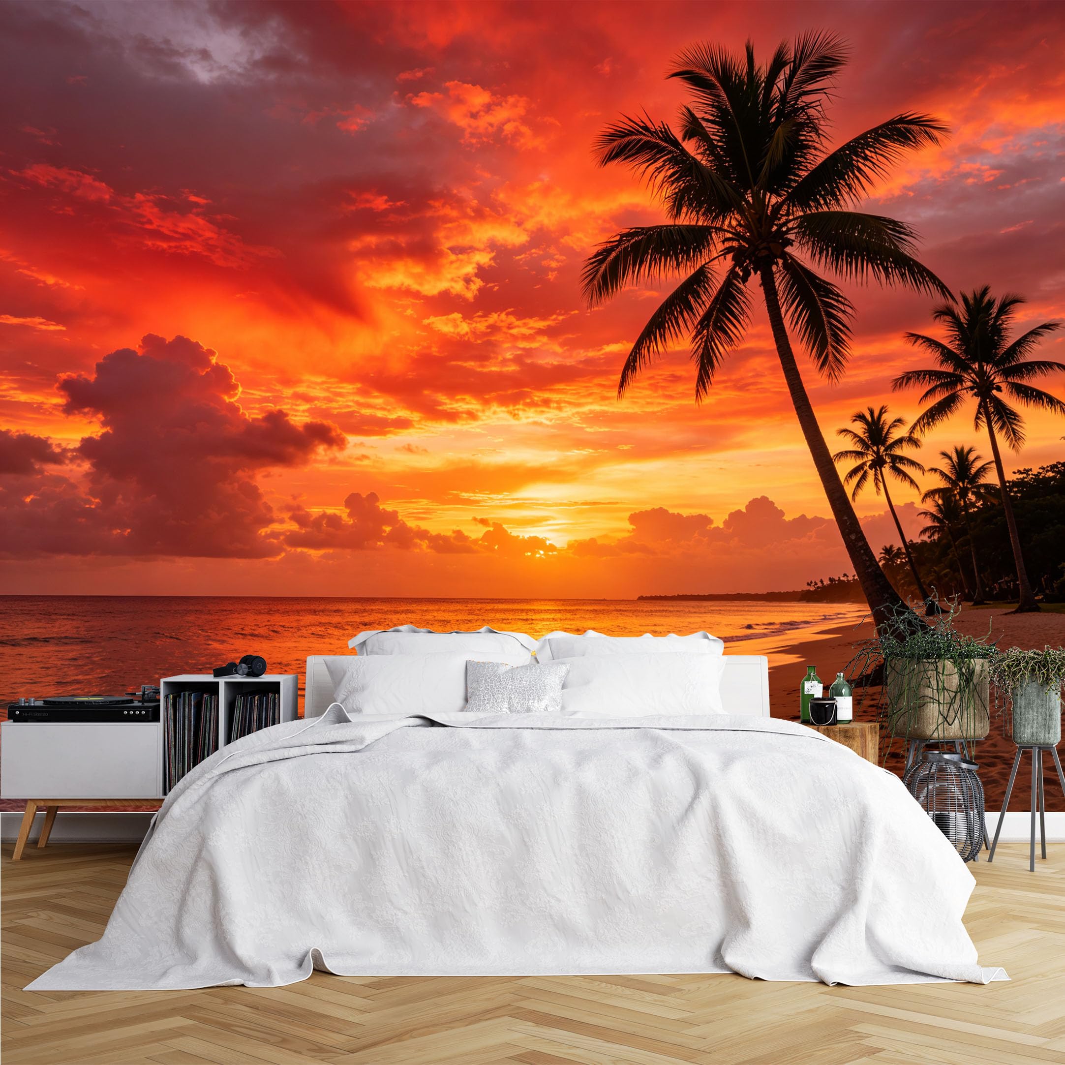Lcythiazole Ch260615003 Custom Size Wall Murals Tropical Palm Tree Beach Sunset Wall Murals Orange Seaside Sky Landscape Wallpaper Vivid Self-Adhesive Removable Wallpaper For Home Decor